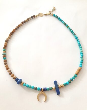 Naszyjnik choker HATHOR  lunula, turkus, lapis lazuli, jaspis obrazkowy, modesign