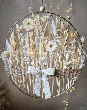 Boho dekoracja na ścianę - obręcz z suszonymi kwiatami