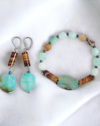 Unikatowy komplet biżuterii : agat : kolczyki & bransoletka, kaktusia