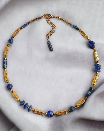 Naszyjnik LAPIS LAZULI i  LAWA : granatowo - złoty