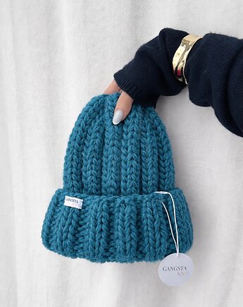Gruba wełniana czapka beanie turkusowa 100% wełna handmade