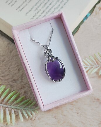 Naszyjnik Ametyst stal chirurgiczna wisiorek handmade wirewrapping