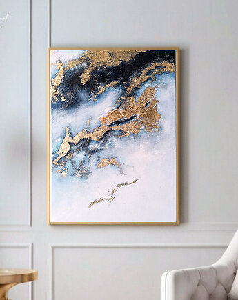 OCEAN Abstrakcyjny obraz akrylowy ze złotem, ręcznie malowany, 70x50 cm