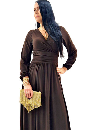 Czekoladowa elegancka sukienka midi draperia r 36-56