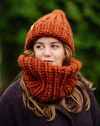 Wełniana czapka i komin- komplet zimowy PERUVIAN WOOLY terakota