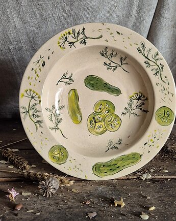 Ceramiczny talerz Ogórkowa, ilustracja ogórków, talerz odzobny
