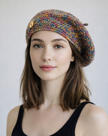 Wiosenny beret damski z antenką ręcznie robiony bawełna one size