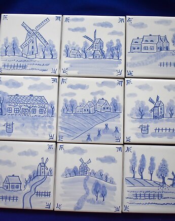 Zestaw 9 ręcznie malowanych kafli- wiatraki
