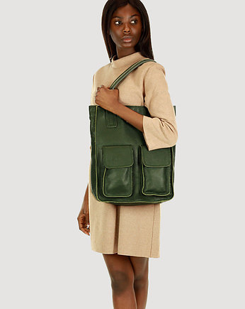 Torebka skórzany shopper bag z kieszeniami - MARCO MAZZINI ciemny zielony, Marco Mazzini