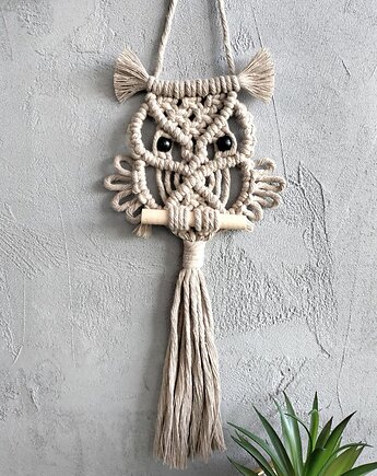 Mała Sowa Makrama 30 cm Beżowa Zawieszka Ścienna Stylowa Ozdoba Boho