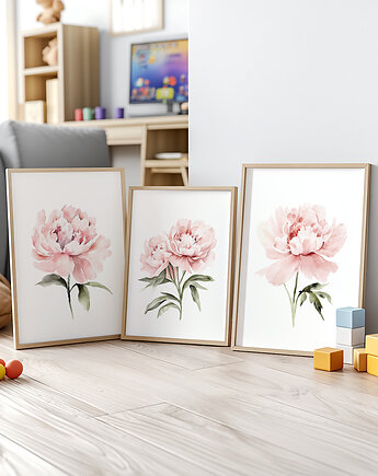 Pastelowe Różowe Piwonie - Zestaw trzech grafik botanicznych
