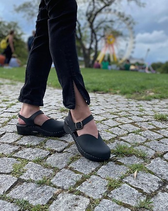 Sandały drewniaki ze skóry i drewna
