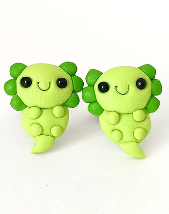 Zielone urocze kolczyki kawaii axolotl
