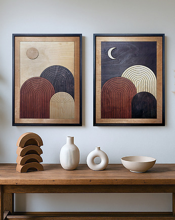 Drewniany dyptyk w stylu boho i midcentury. Słońce i księżyc. Dzień i noc.