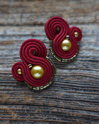 Bordowo- złote  kolczyki soutache