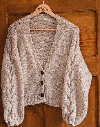 Sweter z warkoczami, kardigan rozpinany, sweter z guzikami, beżowy sweter