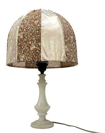 Włoska lampa stołowa vintage alabaster / onyks, ręcznie szyty klosz lata 60.
