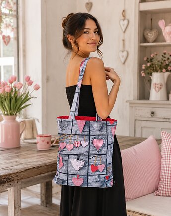 Torba na zakupy torba shopper shopperka torba zakupowa retro serca