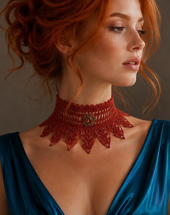 Rudy jarzębinowy koronkowy choker