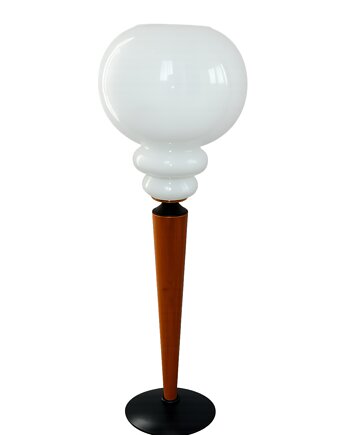 Lampa stołowa modern, lata 70., metal, drewno i szkło, E27
