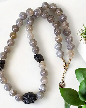 Naszyjnik z kamieni naturalnych agat lawa srebro rodowane, MYNESS