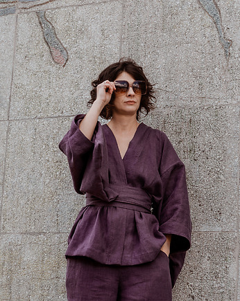 Kimono lniane fioletowe, lniana bluzka fioletowa.