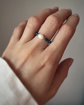 Pierścionek elastyczny kamienie naturalne lapis lazuli i perła