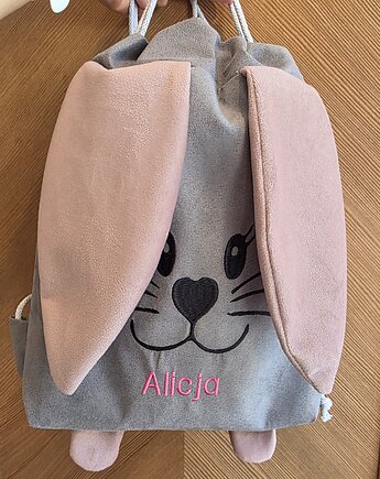 Worek szary dla przedszkolaka z imieniem zajączek uszy, Made by Joan