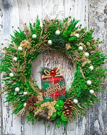 Świąteczny wieniec w zieleni, wianek z prezentem, #S1, 45 cm, Homeliness Art Decor