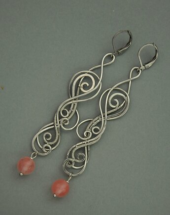 Długie, oryginalne kolczyki kwarc malinowy wire wrapping