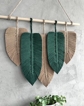Makrama Liście Butelkowa Zieleń Beż Ozdoba Boho Natura 60 cm