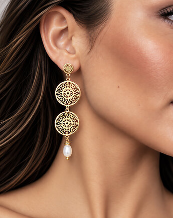 Kręgi Światła- KOLCZYKI koła, złote kolczyki z perłami