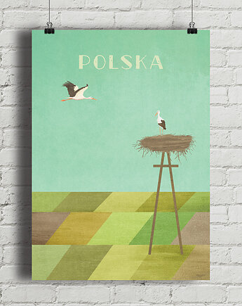 Plakat Polska - bociany nad polami