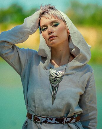 Sukienka lniana z wielkim kapturem ,boho, na plaże