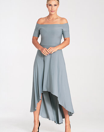 Elegancka asymetryczna sukienka hiszpanka za kolano z krótkim rękawem - M1032