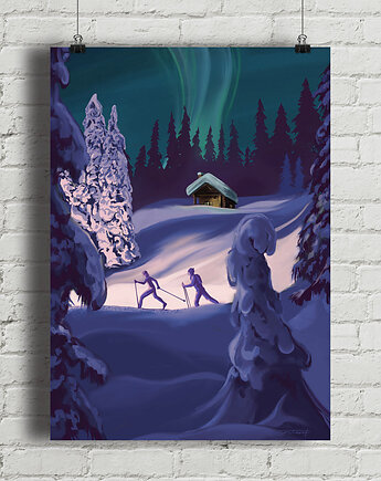 Zorza polarna Aurora borealis - plakat narciarski
