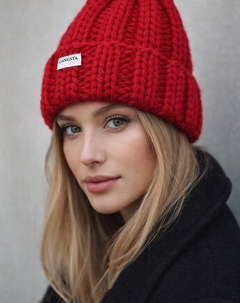 Gruba wełniana czapka beanie 100% wełna kolor świąteczny czerwony