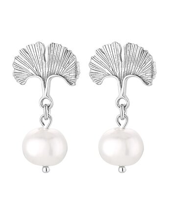 Srebrne kolczyki liście miłorzębu z naturalnymi perłami, SOTHO