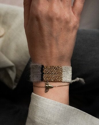 Minimalistyczna, szeroka bransoletka ręcznie robiona z nici, Słońcem Tkane