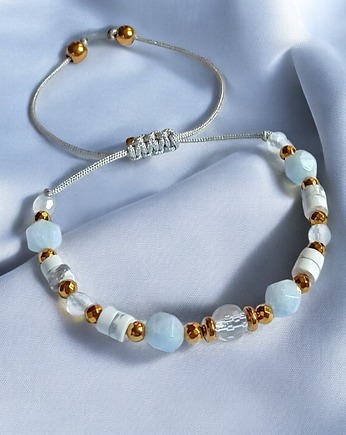 NIEBIAŃSKA bransoletka: kryształ górski, akwamaryn, howlit, agat, hematyt, kaktusia