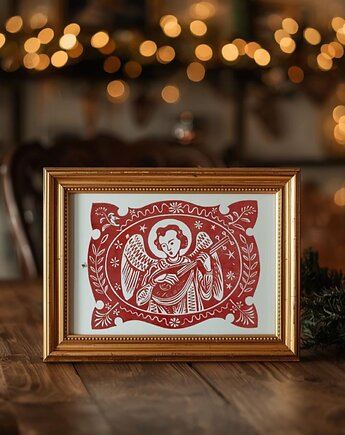 Anioł grający na lutni vintage grafika Boże Narodzenie dekoracja
