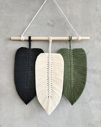Makrama Liście Nowoczesna Dekoracja na Ścianę Loft Czerń Zieleń 40x40 cm