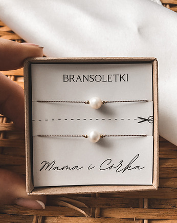 Bransoletka mama i córka perła, pozłacane koraliki