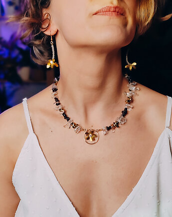 Złoty naszyjnik z granatem, kryształem górskim i hematytem.[ŁN4], Anillito