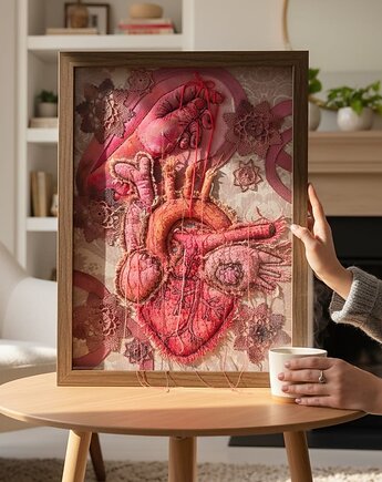 Obraz haftowany serce anatomiczne i dłoń 3 D.