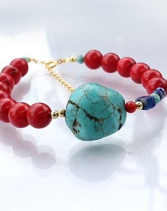Bransoleta z turkusem, koralem czerwonym, lapis lazuli, KEIT