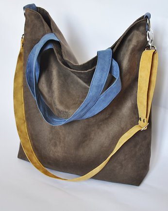 TORBA HOBO XXL - brąz, niebieski, żółty