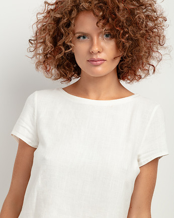 Top z lnem z krótkim rękawem T401, white sand