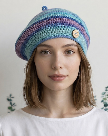 Wiosenny beret damski z antenką ręcznie robiony bawełna one size