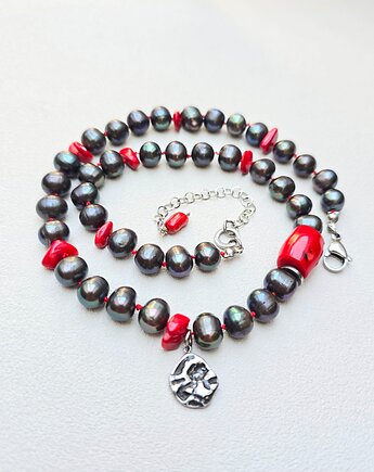 Naszyjnik Grafitowe Supełkowane Perły z Koralem, ILEA